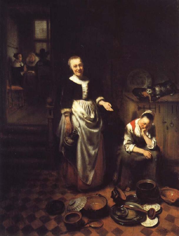 Nicolas Maes Interior with a Sleeping Maid and Her Mistress